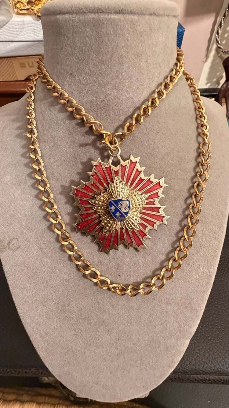 Vintage Heraldic Sunburst Red Enamel Shield Pendant Necklace